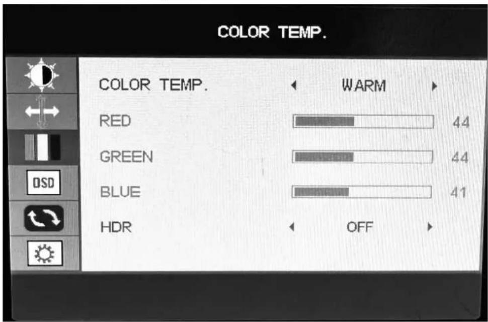 COLOR TEMP. COLOR TEMP. WARM RED 44 GREEN 44 BLUE 41 HDR OFF