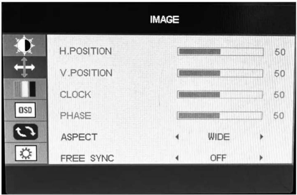 IMAGE H.POSITION 50 V.POSITION 50 CLOCK 50 PHASE 50 ASPECT WIDE FREE SYNC OFF