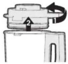 Diagram of a mechanical component with labeled parts 1 and 2, showing directional arrows indicating movement or force.