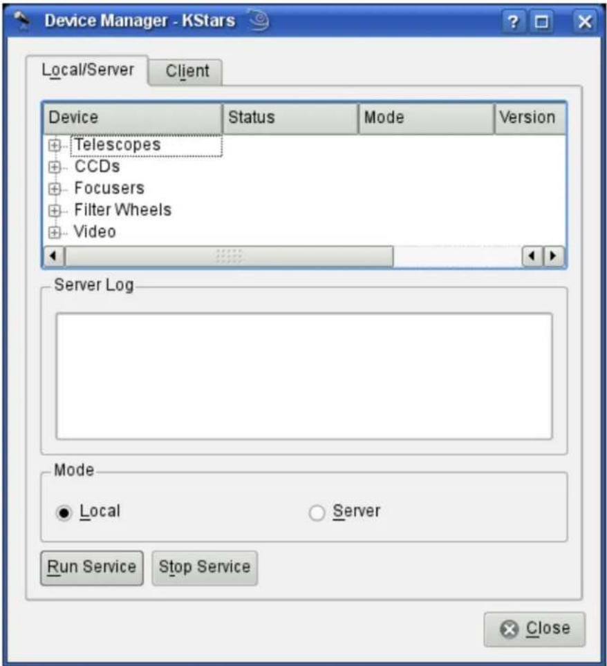 Device Manager - KStars Local/Server Client Device Status Mode Version Telescopes CCDs Focusers Filter Wheels Video Server Log Mode ● Local ○ Server Run Service Stop Service Close