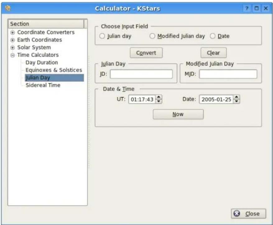 Calculator - KStars Section Coordinate Converters Earth Coordinates Solar System Time Calculators Day Duration Equinoxes & Solstices Julian Day Sidereal Time Choose Input Field Julian day Modified Julian day Date Convert Clear Julian Day JD: Modified Julian Day MJD: Date & Time UT: 01:17:43 Date: 2005-01-25 Now Close