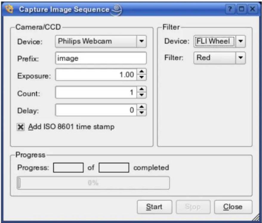 Capture Image Sequence Camera/CCD Device: Philips Webcam Prefix: image Exposure: 1.00 Count: 1 Delay: 0 Add ISO 8601 time stamp Filter Device: FLI Wheel Filter: Red Progress Progress: of completed 0% Start Stop Close