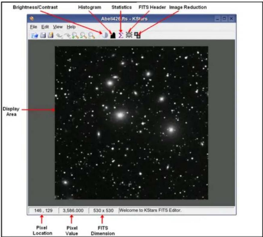 Brightness/Contrast Histogram Statistics FITS Header Image Reduction Abell426.fts - KStars File Edit View Help Σ Display Area 146 , 129 3,586.000 530 x 530 Welcome to KStars FITS Editor. Pixel Location Pixel Value FITS Dimension