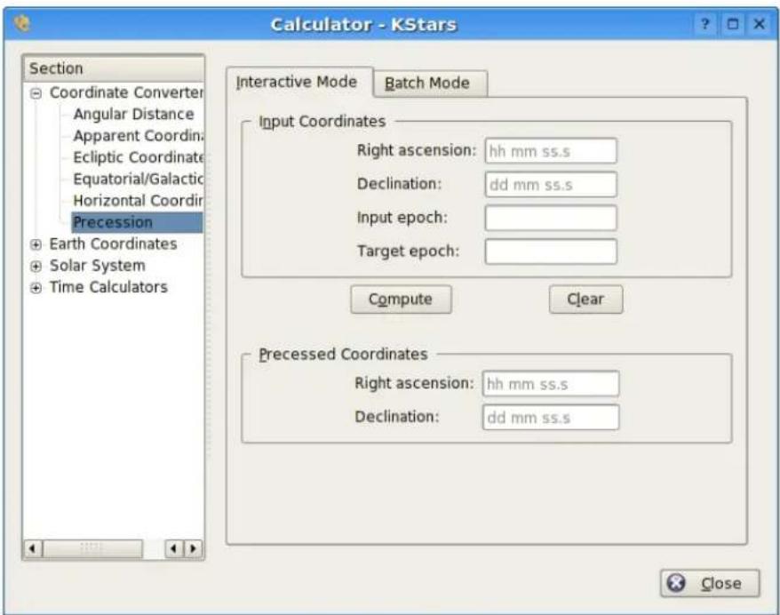Calculator - KStars Section Coordinate Converter Angular Distance Apparent Coordina Ecliptic Coordinate Equatorial/Galactic Horizontal Coordin Precession Earth Coordinates Solar System Time Calculators Interactive Mode Batch Mode Input Coordinates Right ascension: hh mm ss.s Declination: dd mm ss.s Input epoch: Target epoch: Compute Clear Precessed Coordinates Right ascension: hh mm ss.s Declination: dd mm ss.s Close