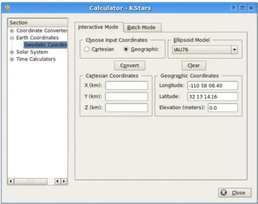 Calculator - KStars Section Coordinate Converter Earth Coordinates Geodetic Coordin Solar System Time Calculators Interactive Mode Batch Mode Choose Input Coordinates Ellipsoid Model Cartesian Geographic IAU76 Convert Clear Cartesian Coordinates X (km): Y (km): Z (km): Geographic Coordinates Longitude: -110 58 08.40 Latitude: 32 13 14.16 Elevation (meters): 0.0 Close