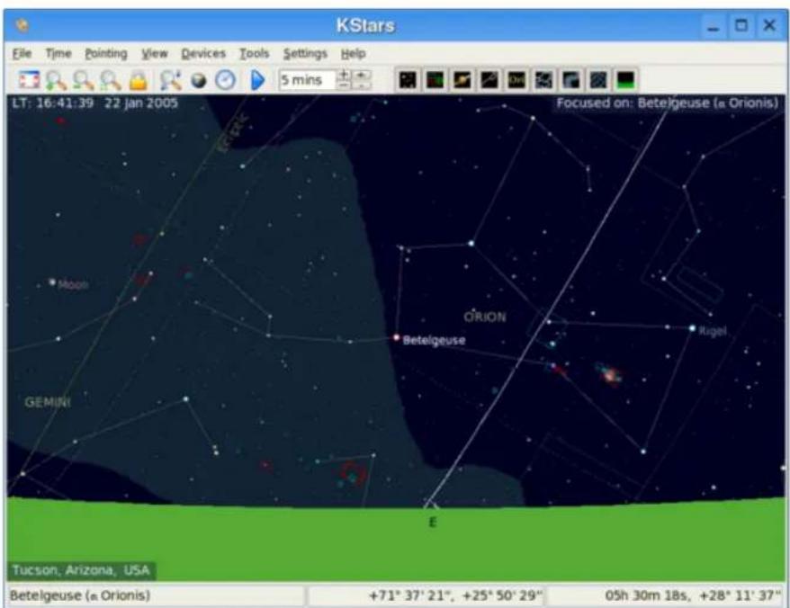 KStars File Time Pointing View Devices Tools Settings Help 5 mins LT: 16:41:39 22 Jan 2005 Focused on: Betelgeuse (a Orionis) Hoon ORION Betelgeuse UGel GEMINI E Tucson, Arizona, USA Betelgeuse (a Orionis) +71° 37' 21", +25° 50' 29" 05h 30m 18s, +28° 11' 37"
