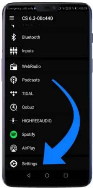 CS 6.3-00c440 Bluetooth Inputs WebRadio Podcasts TiDAL Qobuz HIGHRESAUDIO Spotify AirPlay Settings