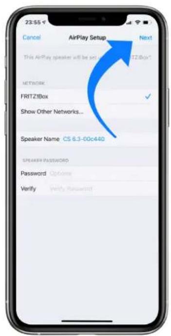 23:55 Cancel AirPlay Setup Next This AirPlay speaker will be set on CS 6.3-00c440 NETWORK FRITZ!Box ✓ Show Other Networks... Speaker Name CS 6.3-00c440 SPEAKER PASSWORD Password Options Verify Verify Password