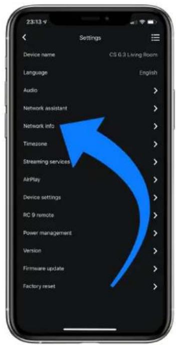 Settings Device name CS 6.3 Living Room Language English Audio > Network assistant > Network info > Timezone > Streaming services > AirPlay > Device settings > RC 9 remote > Power management > Version > Firmware update > Factory reset >