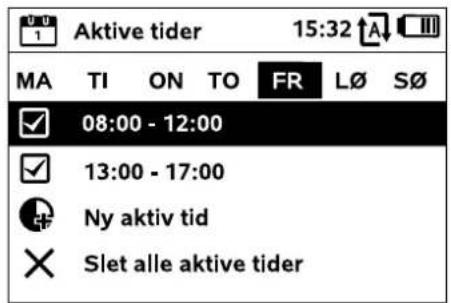 Aktive tider 15:32 MA TI ON TO FR L∅ S∅ ✓ 08:00 - 12:00 ✓ 13:00 - 17:00 ✓ Ny aktiv tid ✗ Slet alle aktive tider
