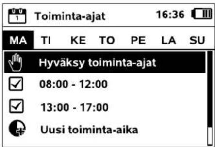 Toiminta-ajat 16:36 MA TI KE TO PE LA SU Hyväksy toiminta-ajat 08:00 - 12:00 13:00 - 17:00 Uusi toiminta-aika