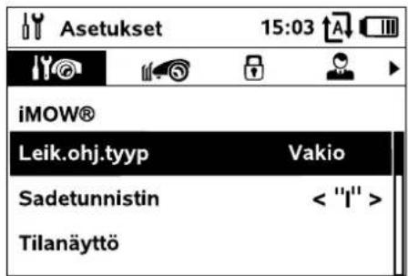 Asetukset 15:03 iMOW® Leik.ohj.tyyp Vakio Sadetunnistin < "I" > Tilanäyttö