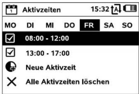 Aktivzeiten 15:32 MO DI MI DO FR SA SO ✓ 08:00 - 12:00 ✓ 13:00 - 17:00 ● Neue Aktivzeit × Alle Aktivzeiten löschen