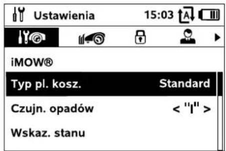 Ustawienia 15:03 iMOW® Typ pl. kosz. Standard Czujn. opadów < "I" > Wskaz. stanu