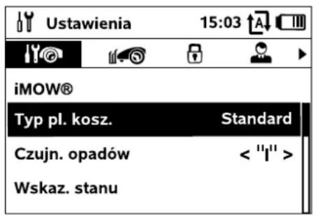 Ustawienia 15:03 iMOW® Typ pl. kosz. Standard Czujn. opadów < "I" > Wskaz. stanu