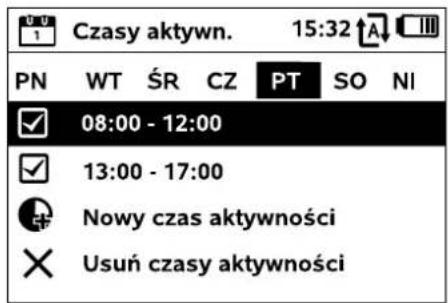 Czasy aktywn. 15:32 PN WT ŚR CZ PT SO NI ✓ 08:00 - 12:00 ✓ 13:00 - 17:00 Nowy czas aktywności × Usuń czasy aktywności