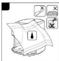 Diagram showing a 3D object with warning symbols and labeled parts, including X marks and a downward arrow.