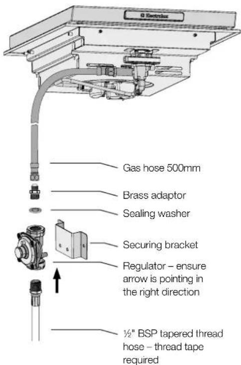 8 Electrizer Gas hose 500mm Brass adaptor Sealing washer Securing bracket Regulator – ensure arrow is pointing in the right direction ½" BSP tapered thread hose – thread tape required