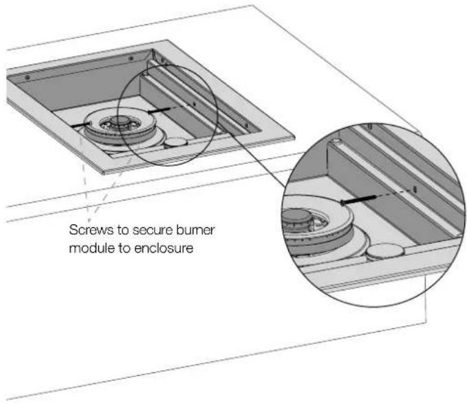 Screws to secure burner module to enclosure