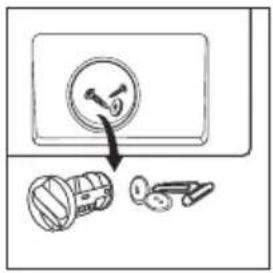 Diagram showing a lock mechanism with a circular valve and two separate lock components below, illustrating the process.