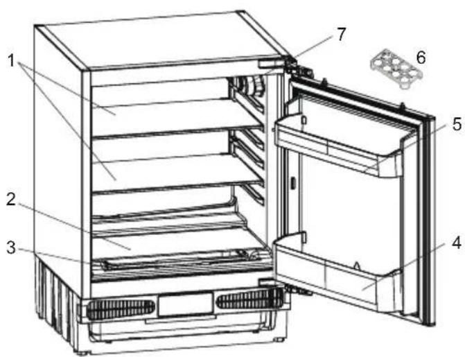 Technical diagram of an open refrigerator with numbered parts for identification