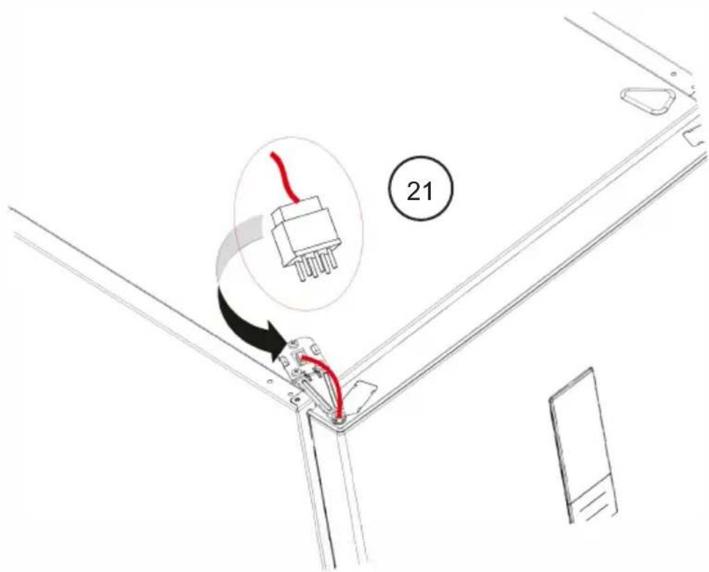 Technical diagram showing a connector assembly with a red wire and a magnified inset highlighting the component, labeled with number 21.