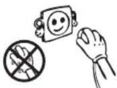 Safety warning illustration showing a hand holding a prohibition symbol, a smiling face with a smile, and a crossed-out hand.