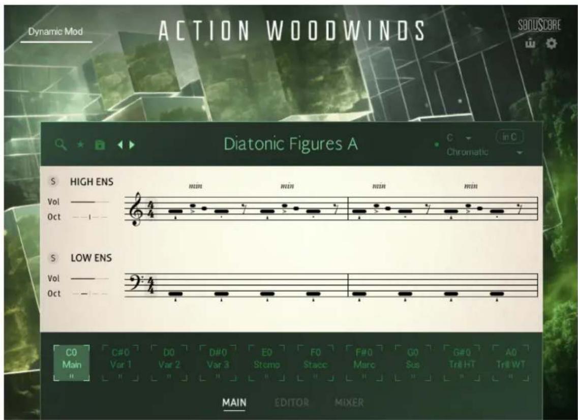Dynamic Mod ACTION WOODWINDS Diatonic Figures A C Chromatic in C S HIGH ENS min min min min Vol ———— Oct ———— S LOW ENS Vol ———— Oct ———— 2:4 CO C#0 D0 D#0 E0 F#0 G#0 A0 Main Var 1 Var 2 Var 3 Stomp Stacc Marc Sus Trill HT Trill WT MAIN EDITOR MIXER