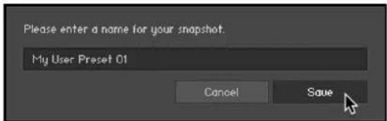 Please enter a name for your snapshot. My User Preset 01 Cancel Save