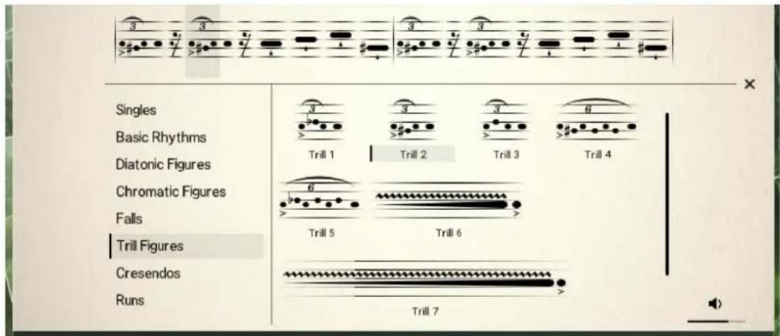 Singles Basic Rhythms Diatonic Figures Chromatic Figures Falls Trill Figures Cresendos Runs Trill 1 Trill 2 Trill 3 Trill 4 Trill 5 Trill 6 Trill 7