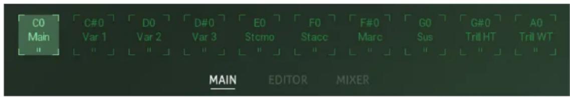 C0 Main C#0 Var 1 D0 Var 2 D#0 Var 3 E0 Stcmo F0 Stacc F#0 Marc G0 Sus G#0 Trill HT A0 Trill WT " MAIN EDITOR MIXER