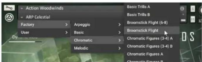 Action Woodwinds ARP Celestial Factory > Arpeggio > User > Basic > Chromatic > Melodic > Basic Trills A Basic Trills B Broomstick Flight (6-8) Broomstick Flight Chromatic Figures (3-4) A Chromatic Figures (3-4) B Chromatic Figures A Chromatic Figures B