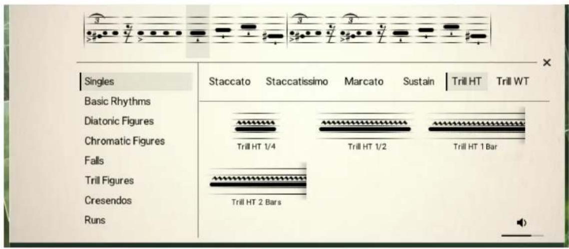 Singles Basic Rhythms Diatonic Figures Chromatic Figures Falls Trill Figures Cresendos Runs Staccato Staccatissimo Marcato Sustain Trill HT Trill WT Trill HT 1/4 Trill HT 1/2 Trill HT 1 Bar Trill HT 2 Bars