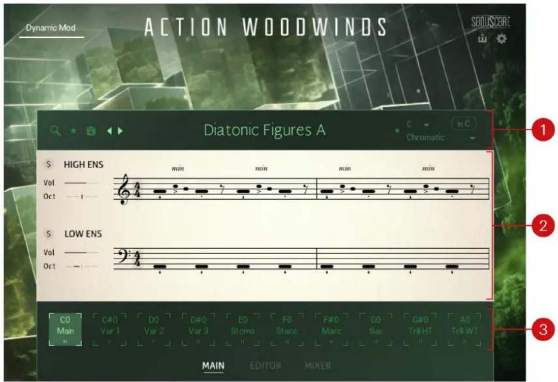 Dynamic Mod ACTION WOODWINDS Diatonic Figures A Chromatic 1 2 3 HIGH ENS min min min min Vol ———— Oct ———— S LOW ENS Vol ———— Oct ———— CO C#0 D0 D#0 F#0 G#0 AD Main Var 1 Var 2 Var 3 Storno Stace Marc Sus Trill HT Trill WT MAIN EDITOR MIXER
