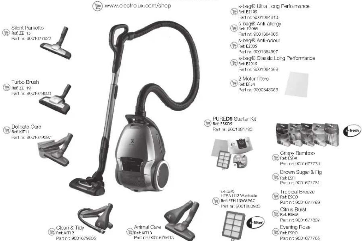 www.electrolux.com/shop Silent Parketto Ref: ZE115 Part nr: 9001677922 Turbo Brush Ref: ZE119 Part nr: 9001678003 Delicate Care Ref: KIT11 Part nr: 9001679597 Clean & Tidy Ref: KIT12 Part nr: 9001679605 Animal Care Ref: KIT13 Part nr: 9001679613 s-bag® Ultra Long Performance Ref: E210S Part nr: 9001684613 s-bag® Anti-allergy Ref: E206S Part nr: 9001684605 s-bag® Anti-odour Ref: E203S Part nr: 9001684597 s-bag® Classic Long Performance Ref: E201S Part nr: 9001684589 2 Motor filters Ref: EF54 Part nr: 9000843053 PURED9 Starter Kit Ref: ESKD9 Part nr: 9001684795 s-filter® LEPA I13 Washable Ref: EFH 13WAPAC Part nr: 9001680983 s-filter® ECPA I13 Washable Ref: EFH 13WAPAC Part nr: 9001680983 Crispy Bamboo Ref: ESBA Part nr: 9001677773 Brown Sugar & Fig Ref: ESFI Part nr: 9001677781 Tropical Breeze Ref: ESCO Part nr: 9001677799 Citrus Burst Ref: ESMA Part nr: 9001677807 Evening Rose Ref: ESRO Part nr: 9001677765