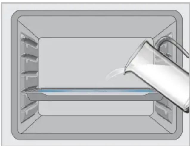 Illustration of a container with a glass pitcher pouring liquid into it (no text or symbols)