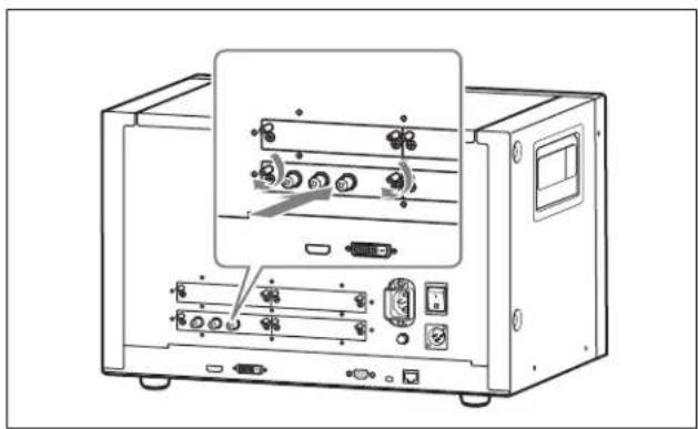 Line drawing of an electronic device chassis with ports and connectors (no text or symbols)