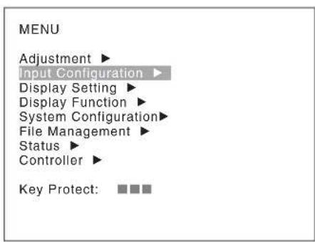 MENU Adjustment ▶ Input Configuration ▶ Display Setting ▶ Display Function ▶ System Configuration ▶ File Management ▶ Status ▶ Controller ▶ Key Protect: ■■■