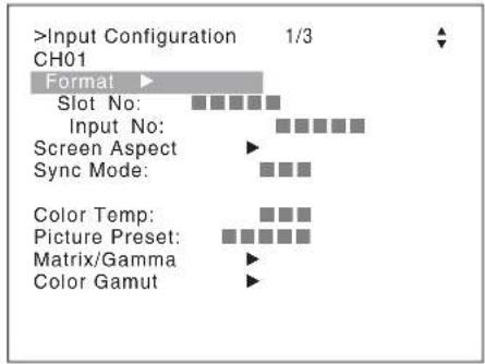 >Input Configuration 1/3 CH01 Format Slot No: Input No: Screen Aspect Sync Mode: Color Temp: Picture Preset: Matrix/Gamma Color Gamut
