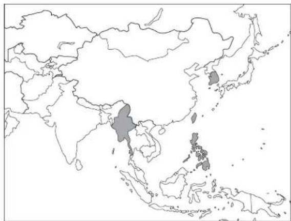 Outline map of East Asia and surrounding regions, highlighting countries like South Asia and Southeast Asia (no text or labels)