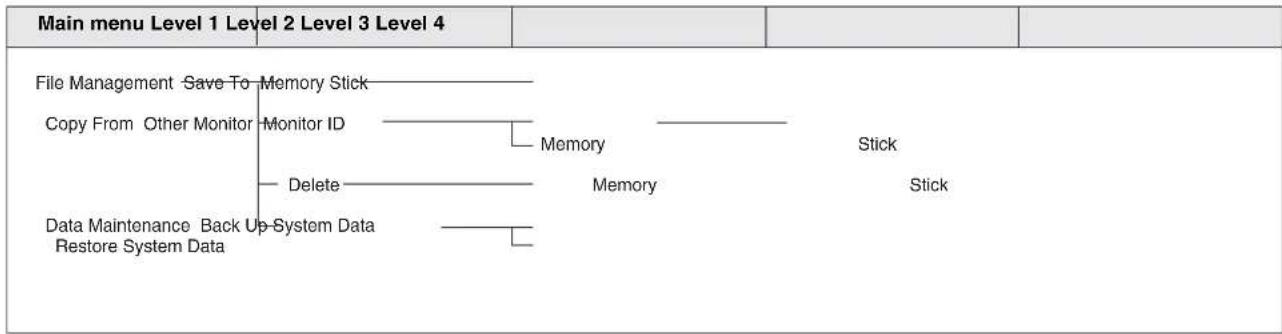 graph TD A["File Management Save To Memory Stick"] --> B["Copy From Other Monitor Monitor ID"] B --> C["Delete"] C --> D["Data Maintenance Back Up System Data Restore System Data"] D --> E["Memory Stick"] E --> F["Memory"] F --> G["End"]