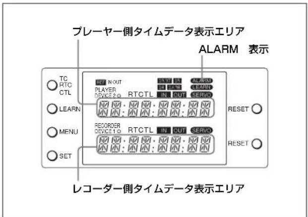 プレーヤー側タイムデータ表示エリア ALARM 表示 TC RTC CTL LEARN MENU SET RECORDER DEVICE10 RTCTL IN OUT SERVO RESET RESET レコーダー側タイムデータ表示エリア