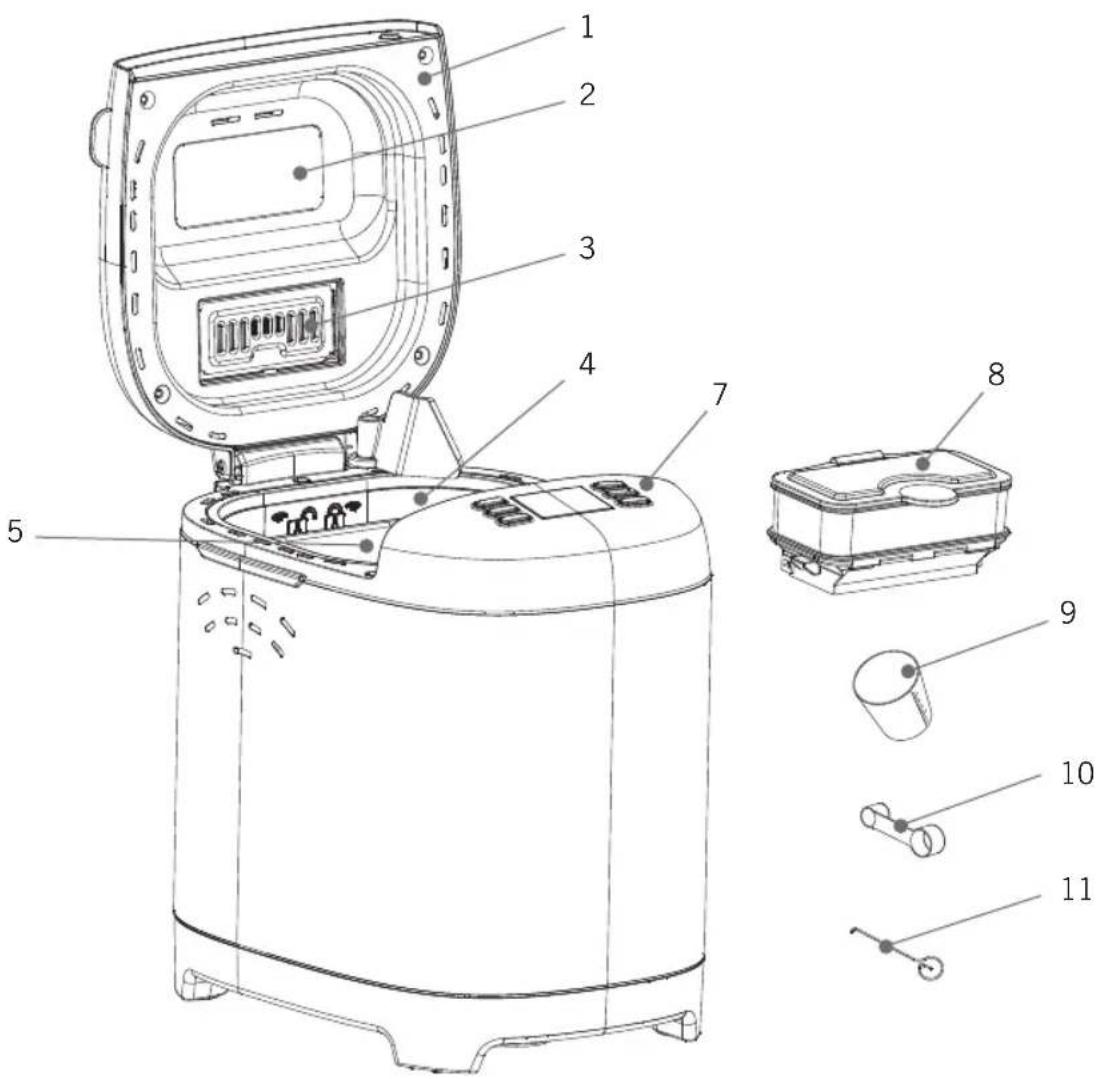 Technical diagram of a microwave oven with numbered parts for identification