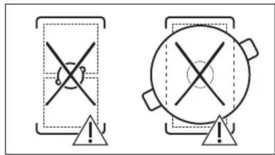 Two warning symbols: a cross symbol inside a rectangular frame and a circle with cross symbol inside a larger circle, both marked with an exclamation mark.