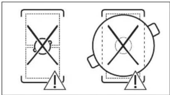 Two warning symbols: a cross symbol inside a container and a circle with cross inside a pot, both marked with an exclamation mark.