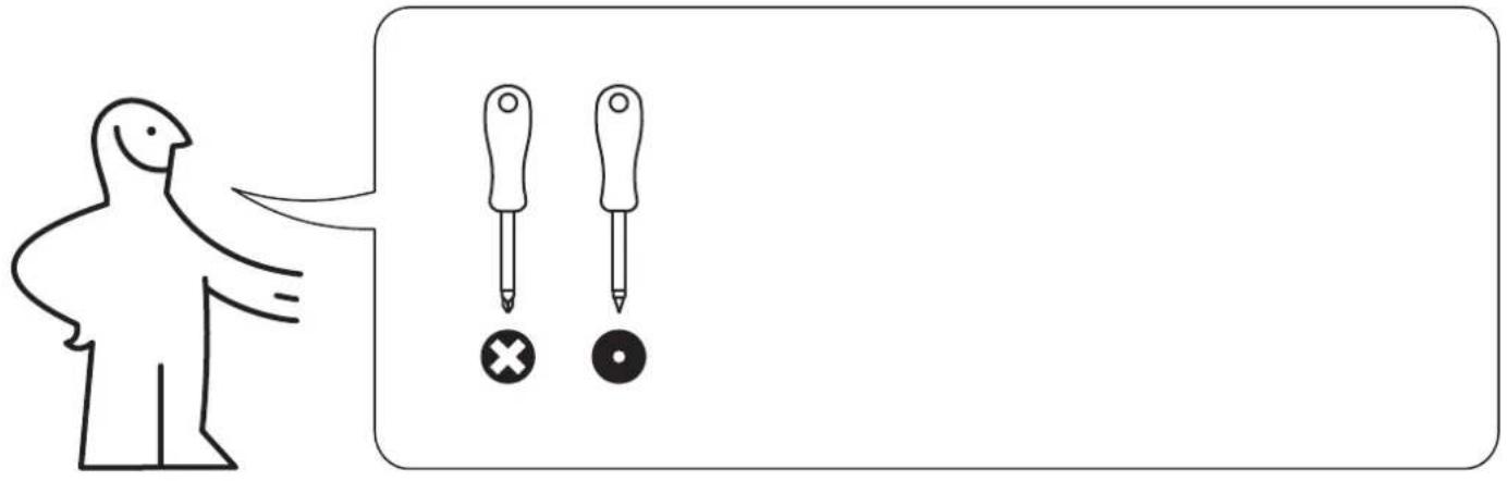 Diagram showing a person pointing to three screwdriver tips with a cross and a circle below, likely illustrating a medical or diagnostic concept.