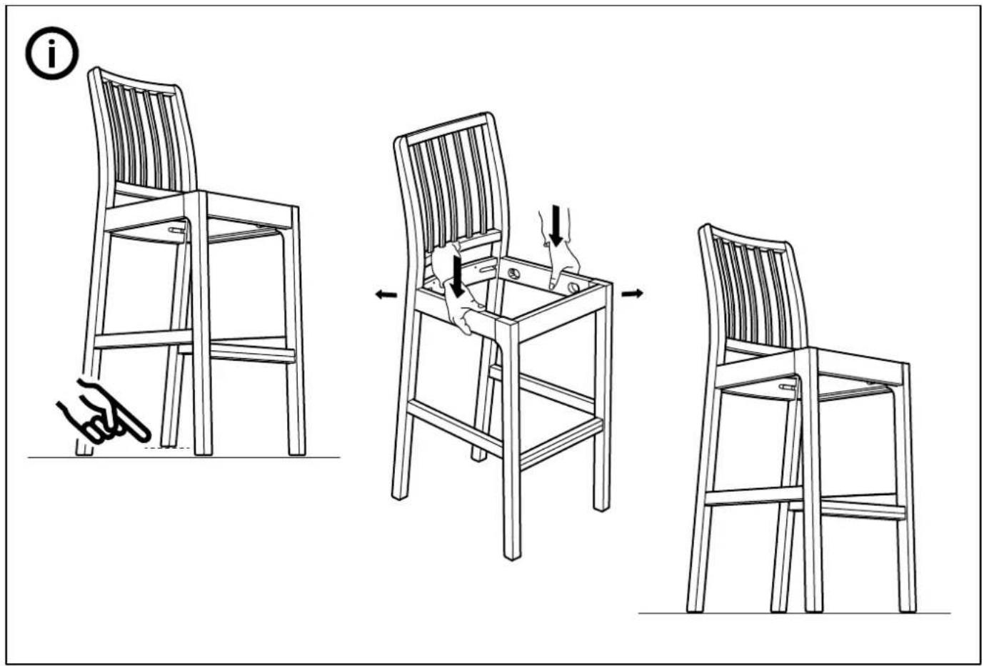 Diagram illustrating the step-by-step folding of a chair with a hand, showing left, center, and right views with arrows indicating movement.
