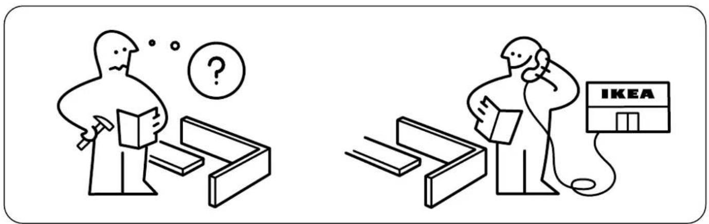 Illustration comparing two scenes: one showing a person with a thought bubble and question mark, the other showing a person holding a package labeled 'IKEA' with a phone.