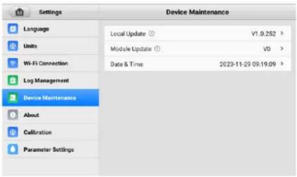 Settings Language Units Wi-Fi Connection Log Management Device Maintenance About Calibration Parameter Settings Device Maintenance Local Update V1.0.252 > Module Update V0 > Date & Time 2023-11-29 09:19:09 >