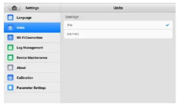 Settings Language Units Wi-Fi Connection Log Management Device Maintenance About Calibration Parameter Settings Leakage (Pa) (mL/min)